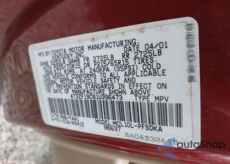 2001 Toyota Sienna Ce z USA, uszkodzony, nr VIN 4T3ZF19C61U396473